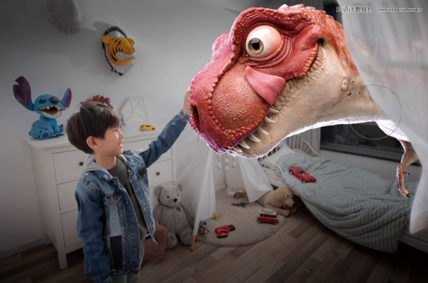 Photoshop合成房間里撫摸恐龍頭的小男孩