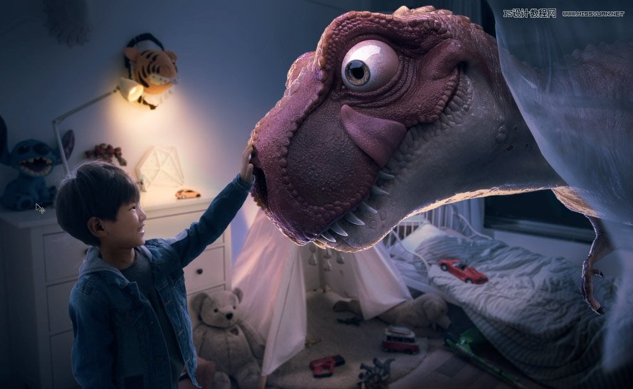 Photoshop合成房間里撫摸恐龍頭的小男孩