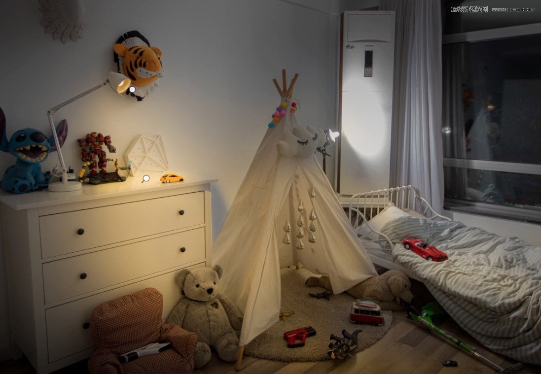 Photoshop合成房間里撫摸恐龍頭的小男孩