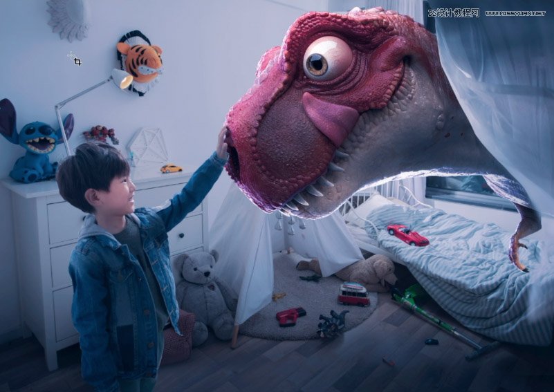 Photoshop合成房間里撫摸恐龍頭的小男孩